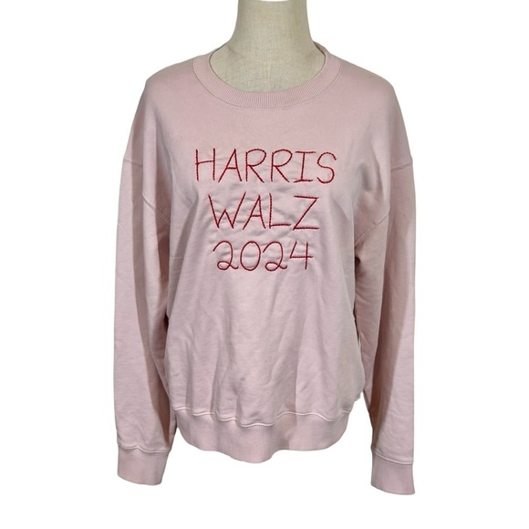 lingua franca Tops - Lingua Franca Harris Walz Embroidered Crew Organic Cotton Sweatshirt Light Pink
